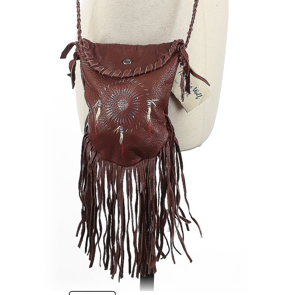 Patricia wolf hand painted shield leather crossbody Native American boho NWT 295 - Picture 3 of 3
